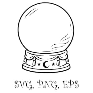May include: A black and white line art illustration of a crystal ball resting on a decorative base. The base features draped fabric, tassels, a crescent moon, and two stars. Below the illustration, the text reads SVG, PNG, EPS.