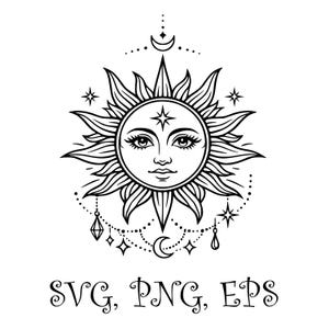 Könnte beinhalten: Schwarz-Weiß-Illustration einer Sonne mit Gesicht, umgeben von Strahlen, Sternen und Monden. Das Design beinhaltet hängende geometrische Formen und den Text "SVG, PNG, EPS" am unteren Rand.