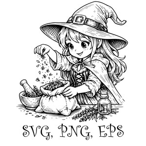 May include: Black and white illustration of a young witch wearing a pointed hat and cape, sprinkling herbs into a bag. A mortar and pestle, a bottle, and the text "SVG, PNG, EPS" are also visible.