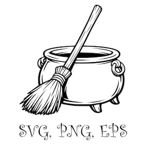 Puede incluir: Ilustración en blanco y negro de un caldero con una escoba apoyada. El caldero tiene asas y tres patas. La escoba es de paja y tiene un mango largo. El texto "SVG, PNG, EPS" está debajo.