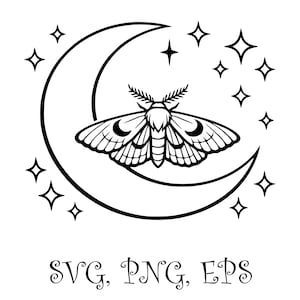 Könnte beinhalten: Schwarz-Weiß-Illustration einer Motte mit detaillierten Flügeln, die auf einem Halbmond sitzt, umgeben von Sternen. Der Text "SVG, PNG, EPS" ist unten enthalten, der Dateiformate angibt.