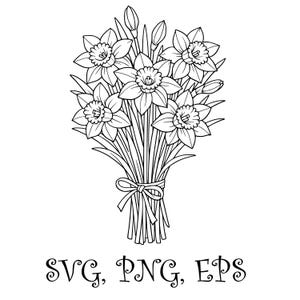 May include: Black and white line art of a daffodil bouquet tied with a ribbon. The bouquet features several open flowers, buds, and long green stems. The text "SVG, PNG, EPS" is written below the bouquet.