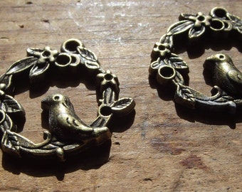 2 Gold tone bird garland hoop charms / jewelry supply / altered art supplies / mixed media supplies / Bird charms / Jewelry findings
