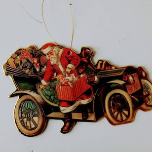 Vintage cardboard chipboard Christmas Santa with Car ornament / gold edge / Paper ornaments / Die cut / Holiday decor /  tree trimming