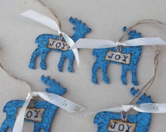 4 Distressed hand painted Blue deer Christmas ornaments / Stamped / Handmade / Shabby /Stag / mixed media / country / wood / reindeer