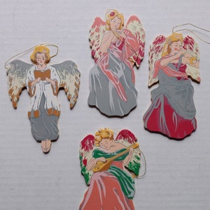 4 Vintage cardboard chipboard Christmas angel ornaments / angel band / Paper / Die cut / Holiday decor /  tree trimming / red / green / gray