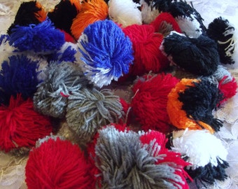 Vintage Handmade Pom Pom lot / Vintage supplies / School colors / craft supplies / sewing / knitting / red / orange / blue / black / white