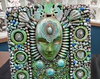 THE GODDESS Assemblage Shrine art / found object / mixed media / junk art / recycle / reuse / green / junk mosaic sculpture / copper / gold