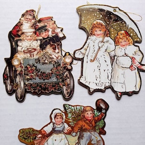 3 Vintage cardboard chipboard children Christmas ornament / gold edge / Paper / Die cut / Holiday decor /  tree trimming / Santa