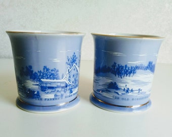 2 Currier and Ives coffee mugs  vintage tea cups  blue and white design gold rim  farmers home  the old homestead  Shaving