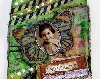 Kind hearted mixed media tag / original art / junk journal / gift tag / green / butterfly / child / distressed / collage / bookmark / paper