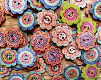 10 Wooden Flower buttons / colorful / Scrapbooking / Flowers / Mixed media / sewing / craft supplies / embellishments / floral