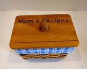 Vintage wooden Recipe box Woven Mom primitive hinged lid blue gingham retro kitchen storage Recipe cards gift