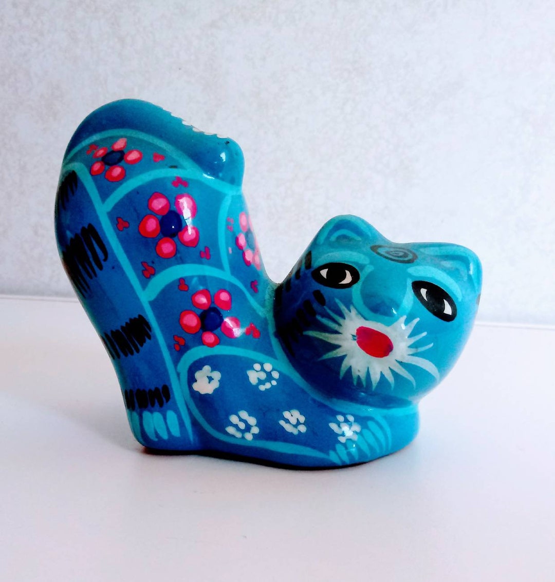 Vintage Folk Art Blue Cat Statue / Figurine / Red Clay / Animal Decor