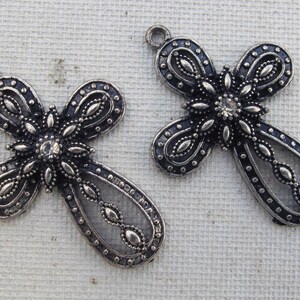 2 Silver tone and rhinestone metal Cross charms / mixed media supplies / religious / craft / mixed color / altered art / salvage / christian