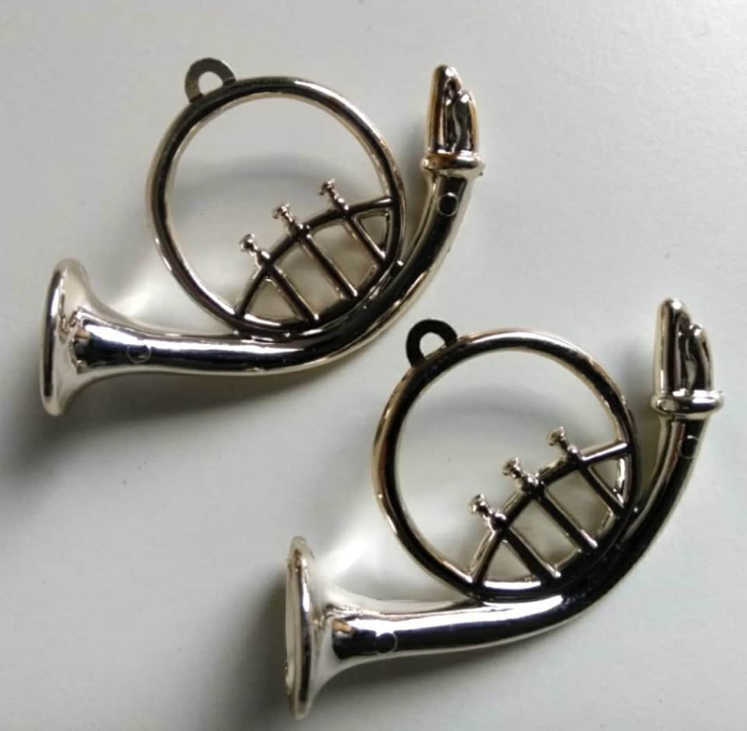 2 Silver Plastic Vintage French Horn Ornaments / Mixed Media / Holiday