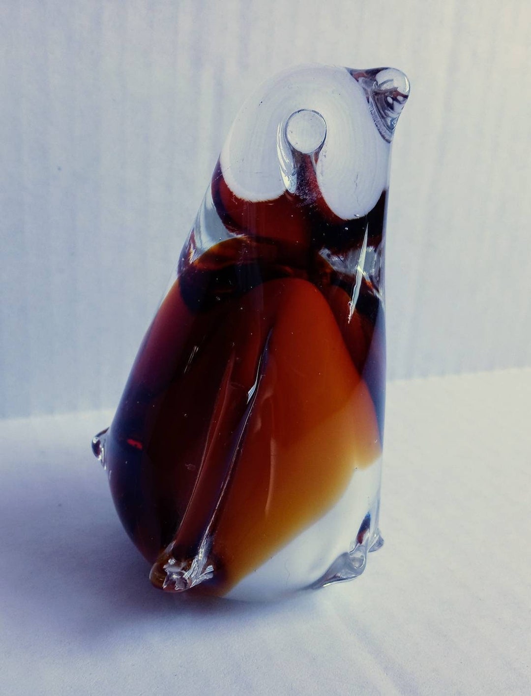 Vintage Clear Glass Penguin Paperweight / Brown / Bird / Wildlife / Gift / Desk Decor / Office