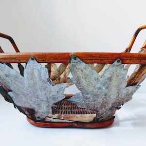 Vintage bamboo and metal basket  / maple leaves / decorative / home decor / gift ideas / natural / trinket dish / display