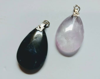 Lot of 2 stone Pendants with silver bale / jewelry supply / destash / craft supply / teardrop / pink / necklace / black