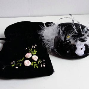 Vintage 5&quot; decorative Doll hat and Handbag / Doll supplies / white feathers / Black hat / fancy hat / DIY / hat pins / decor