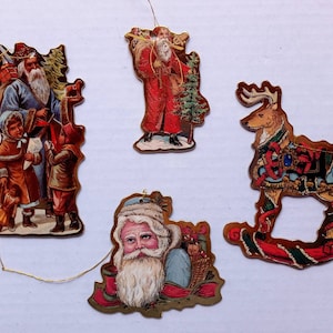 4 Vintage cardboard chipboard Christmas Santa and reindeer ornament lot / gold edge / Paper / Die cut / Holiday decor /  tree trimming