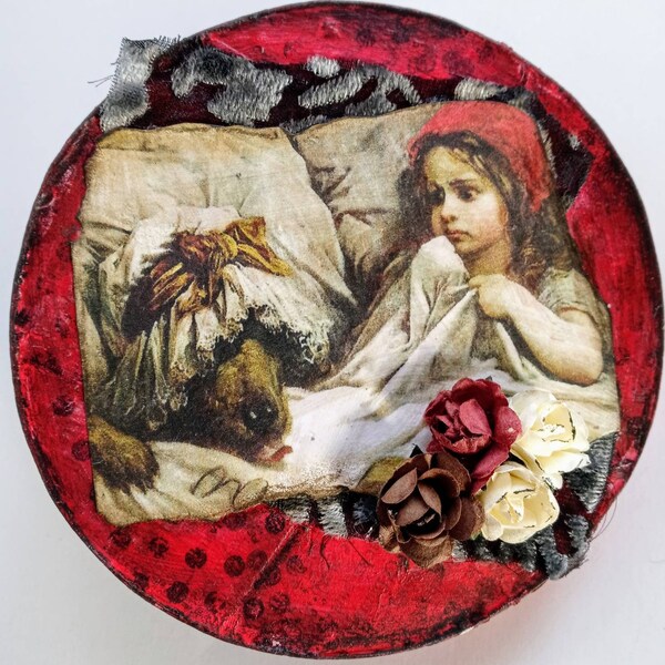 Little red riding hood altered box / original art / fairytales / upcycled / mixed media collage / red / black / child / gift / storage