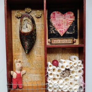 REMEMBER Box Assemblage / Shrine / Altered Art / sculpture  / rabbit / re-purpose / found object / wood shoe / OOAK / father child / heart