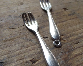 2 silver tone fork charms / Fork pendants / jewelry finding / jewelry supplies / craft supplies / mixed media supplies / cutlery