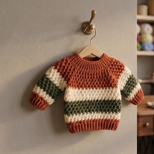 May include: A long-sleeve crochet sweater featuring horizontal stripes in burnt orange, cream, and forest green. The garment has a ribbed crew neckline, ribbed cuffs, and a ribbed hem, constructed with a textured stitch pattern throughout.