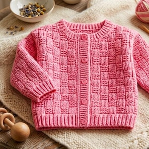 Könnte beinhalten: Ein rosa gestrickter Baby-Cardigan mit Knopfleiste und strukturiertem Korbgeflechtmuster. Das Kleidungsstück wird auf einem Holztisch mit Stricknadeln, Garn und einer Holzrassel präsentiert. Das Thema ist handgefertigte Babykleidung.