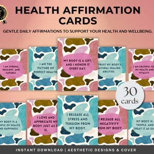 May include: A collection of 30 health affirmation cards, each featuring a different positive statement. The cards have a colourful design with affirmations like "I am the picture of perfect health." The words "Health Affirmation Cards" are at the top.