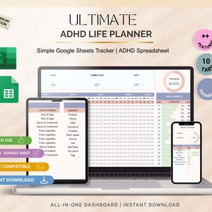 May include: A digital ADHD life planner shown on a laptop, tablet, and smartphone. The planner features a goal tracker, progress indicators, and a grocery list. Text includes "ULTIMATE ADHD LIFE PLANNER" and "Simple Google Sheets Tracker".