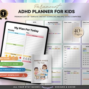 May include: ADHD Planner for Kids, a digital planner with a premium custom template. The planner includes a daily checklist, water tracker, and meal planner. The planner is US Letter 8.5 x 11 inches and is multi-device compatible. The cover features illustrations of children.