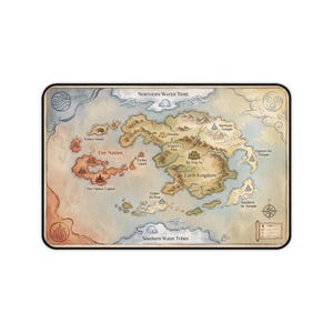 May include: A rectangular mousepad with a map of the Avatar: The Last Airbender world. The map shows the Fire Nation, Earth Kingdom, Air Nomads, and Water Tribes. The mousepad has a black border and a detailed, colourful design with place names.