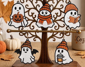 Cute Ghost FSL Embroidery Design, Halloween Ornaments Machine Embroidery, Free Standing Lace Ghost Keychain, Fall Pumpkin Ghost Bundle