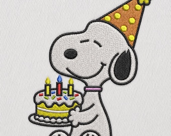 Cute Snoopy Birthday Embroidery Design | Party Dog Cake Machine Embroidery | PES DST JEF  | 9 Sizes Instant Download embroidery file