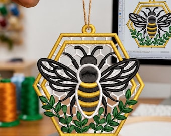 FSL Bee Ornament Embroidery Design Honeycomb Hexagon Free Standing Lace Machine Embroidery Instant Download PES DST Bumble Bee Wreath Decor