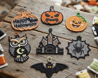 Halloween Ornament Bundle 7 Designs Pumpkin Owl Haunted House Spider Bat Machine Embroidery In The Hoop Set | Instant Download Digital File