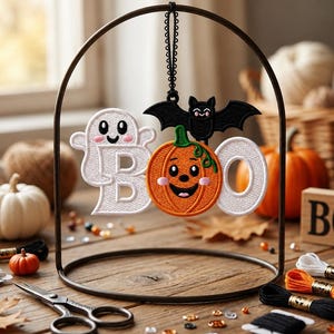 Pode incluir: Uma decoração suspensa bordada com a palavra BOO, onde o B é um fantasma branco, o O é uma abóbora laranja com um rosto sorridente e o segundo O é branco, encimado por um pequeno morcego preto, suspensa num suporte de metal.