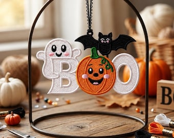 BOO Halloween Embroidery Design, FSL Ornament Ghost Pumpkin Bat Machine Embroidery, Free Standing Lace Halloween embroidery Instant Download