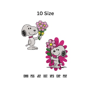 May include: Two Snoopy cartoon character designs. One holds a bouquet of pink flowers with a yellow ribbon. The other is surrounded by a large pink flower and holds a single pink flower. The text "10 Size" is above the images.