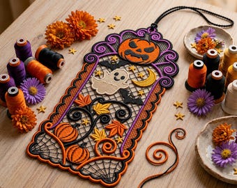 FSL Halloween Ornament Machine Embroidery Design, Pumpkin Ghost Bat Bookmark, Free Standing Lace Fall Autumn Door Hanger Digital Download