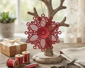 Red Flower Snowflake FSL Ornament Machine Embroidery Design, Free Standing Lace Doily, Mandala Digital File, Instant Download ITH