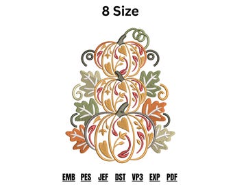 Stacked Pumpkin Embroidery Design, Fall Floral Pumpkin Machine Embroidery, Autumn Leaves Halloween Instant Download PES DST JEF 8 Sizes