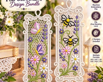 FSL Ornament Design Bundle Bookmark 2 Designs Butterfly Bee Floral Freestanding Lace Machine Embroidery Bookmark Instant Download Digital