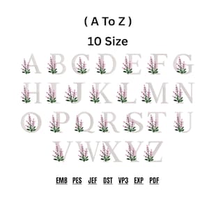 Op de afbeelding: Een witte alfabetset, elke letter versierd met een takje lavendel. De afbeelding bevat de tekst "(A To Z)" en "10 Size". Onder het alfabet staan ​​bestandstype afkortingen: EMB, PES, JEF, DST, VP3, EXP en PDF.
