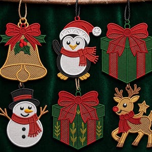 May include: Six embroidered Christmas ornaments featuring a gold bell with a red bow, a penguin in a Santa hat, a green gift box with a red bow, a snowman with a top hat and red scarf, a green gift box with a red bow, and a reindeer with a red scarf.