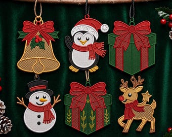Christmas Ornaments FSL Machine Embroidery Design Bundle, Free Standing Lace Penguin Snowman Reindeer Bell Gift Box, Xmas Tree Decor Set