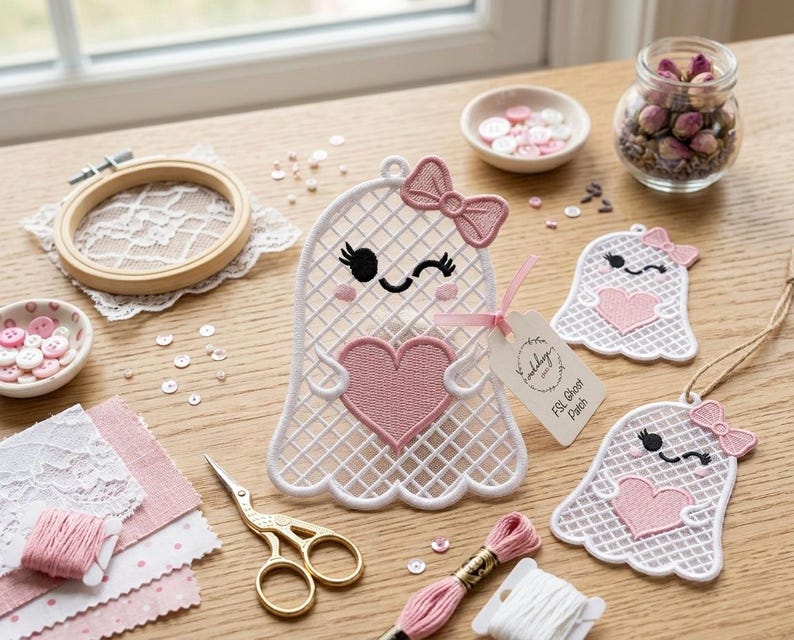 May include: Three white freestanding lace ghost ornaments with pink embroidered hearts and bows. The largest ghost features a small beige tag with the text FSL Ghost Patch. The ghosts have black stitched eyes and pink cheeks, with a grid-like structure.