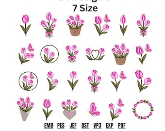 Pink Tulip Embroidery Design Bundle, Machine Embroidery, PES JEF DST, Instant Download, 24 Designs, Sizes 1-4 Inch, ( Embroidery Digital )
